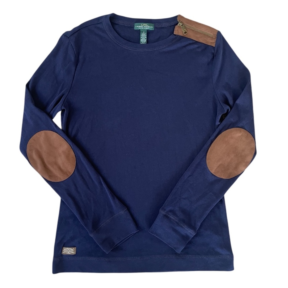 Ralph Lauren Long Sleeve Navy Shirt With Elbow Patch Size M Equestrian Old Money
